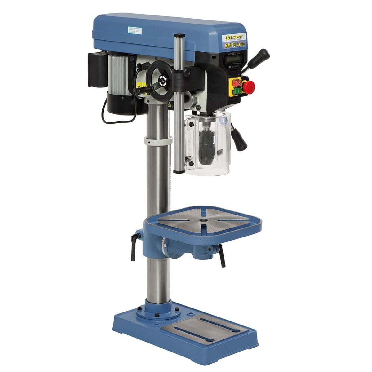 Bernardo Bench Drill BM 16 Vario / 230 V with Vario speed and laser – drilling Ø 16 mm, MT 2 taper, continuous speed 400-1,950 rpm, digital speed+stroke display, 0.55 kW 230V motor, weight 46 kg