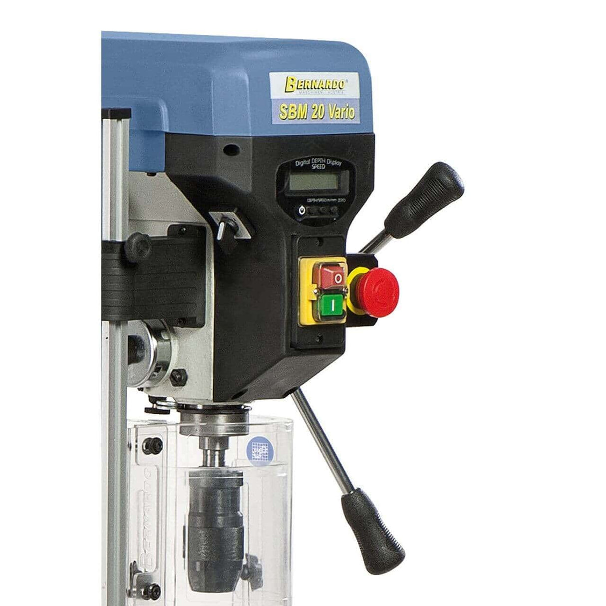 Bernardo Pillar Drill SBM 20 Vario / 400 V with Vario Speed and Laser – drilling Ø 20 mm, MT 2 taper, continuous speed 400-1,950 rpm, spindle-to-table distance 690 mm, 0.90 kW 400V three-phase motor, R/L rotation, weight 68 kg