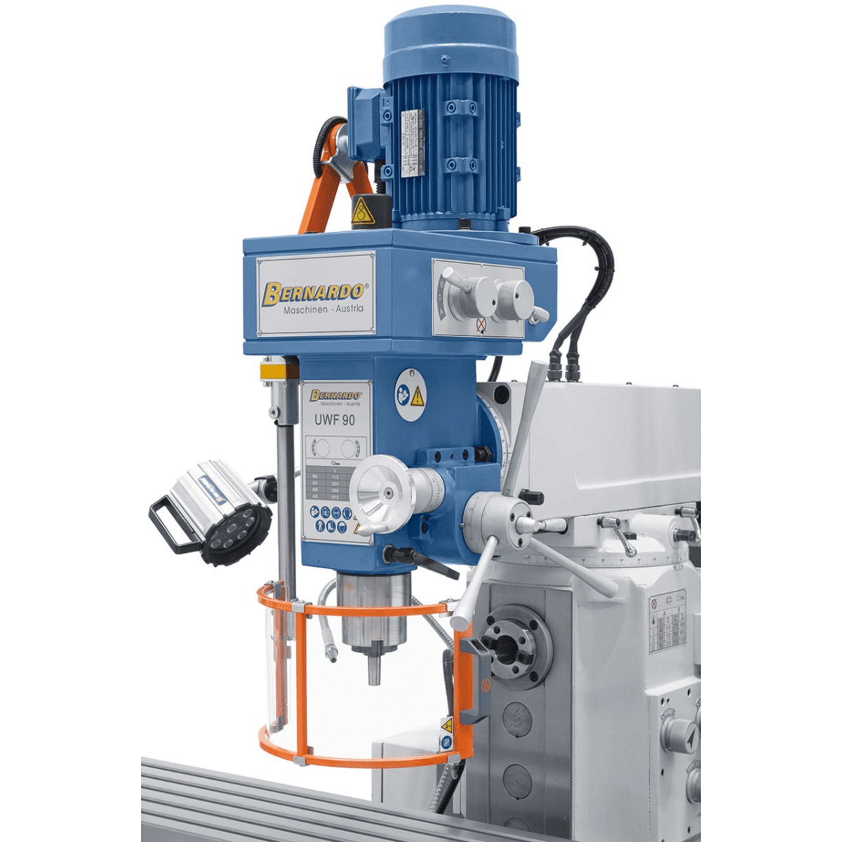 Bernardo UWF 90-1270 Universal Milling Machine – ISO 40, dual spindle, 1,270×280 mm table, 0.85/1.5 kW vertical motor, 3-axis DRO