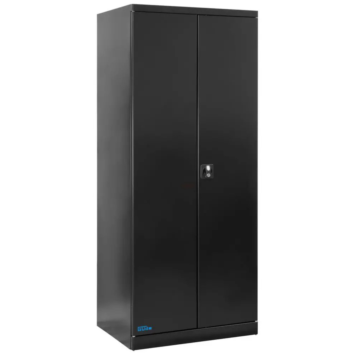 Armadio Guede TYPE BG Black Line in acciaio nero satinato, versione profonda con 4 ripiani regolabili e ante ad ampia apertura per officine professionali.