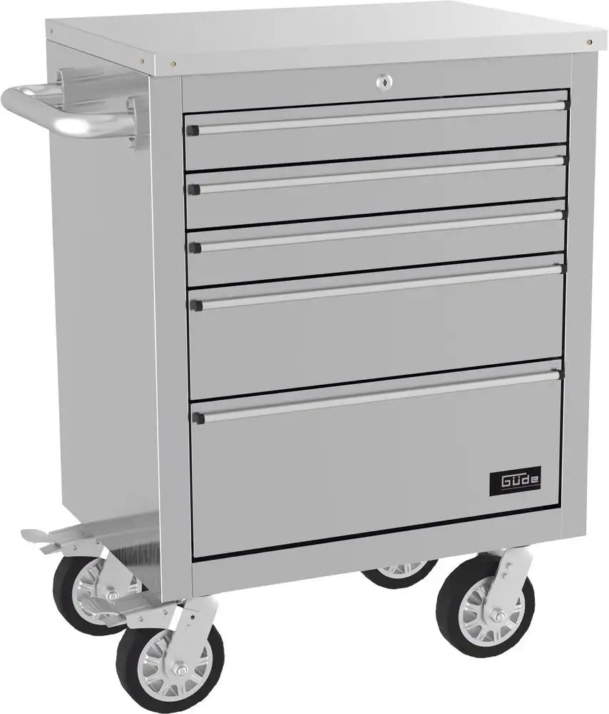 Banco da lavoro Guede GW 5 INOX in acciaio inox con piano rivestito, cinque cassetti chiudibili e ruote con freno, ideale per uso professionale e outdoor.
