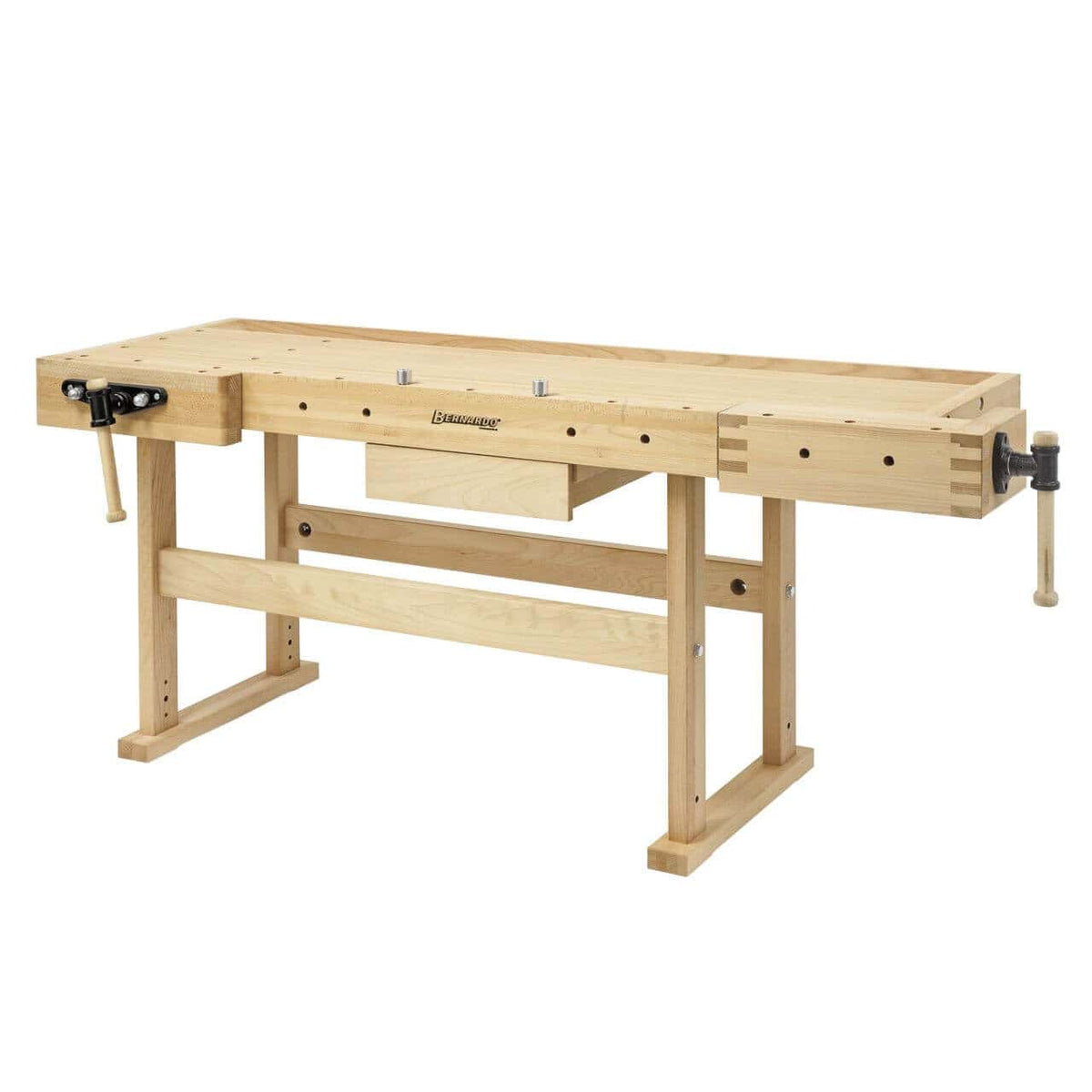 Vista completa del banco da falegname WB 2100 Profi con piano oliato, ganci da banco, cassetti integrati e struttura in legno di faggio vaporizzato. Ideale per uso professionale o scolastico.