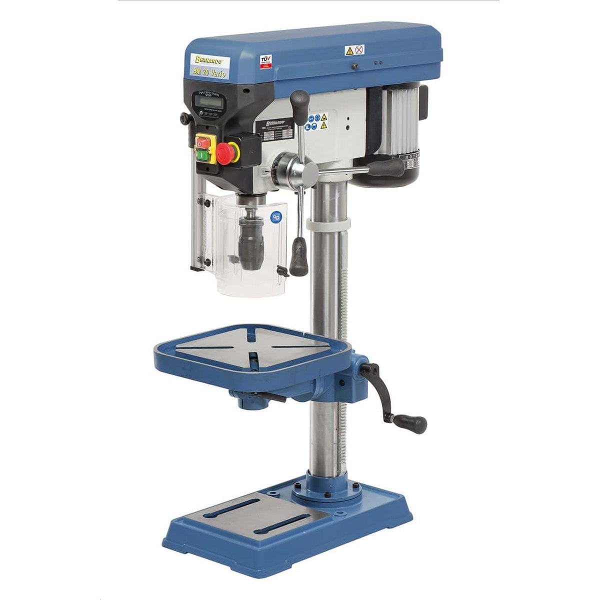 Trapano da banco Bernardo BM 20 Vario con display digitale, tavola inclinabile ±45°, mandrino autoserrante e laser a croce per forature precise fino a 20 mm.
