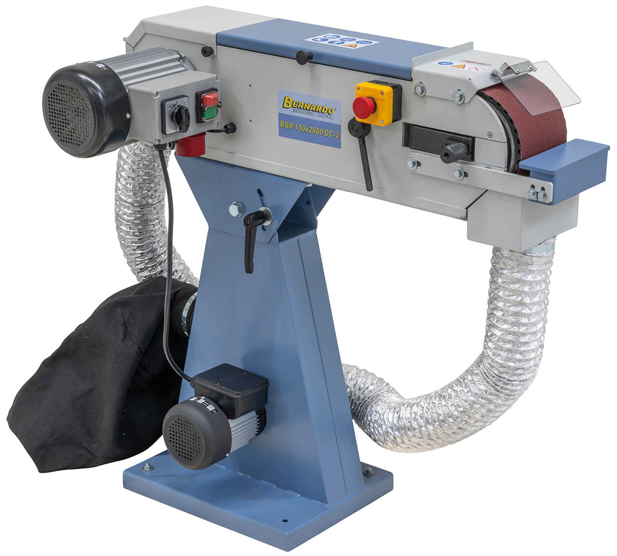 Levigatrice a nastro Bernardo BSM 150 x 2000 DC-2 con aspirazione integrata, due velocità e nastro 150 x 2000 mm per uso professionale.