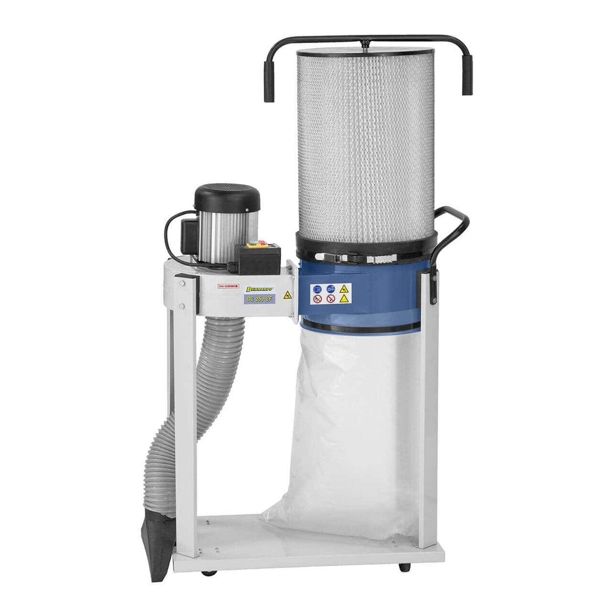 Impianto di aspirazione Bernardo DC 250 CF con cartuccia filtro FP 1 da 2,25 m² e sacca trucioli da 70 L, ideale per piccoli laboratori.