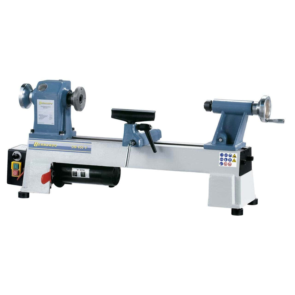 Tornio Bernardo DM 450 V per legno con velocità regolabile, struttura in ghisa e distanza tra le punte 450 mm, ideale per hobbisti e artigiani.