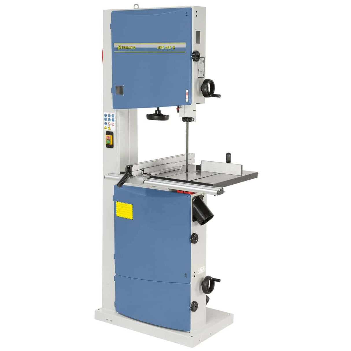 Vista completa della Bernardo HBS 460 N, con piano in ghisa rettificato, guida parallela con lente e struttura robusta per lavorazioni di precisione su grandi pezzi di legno.