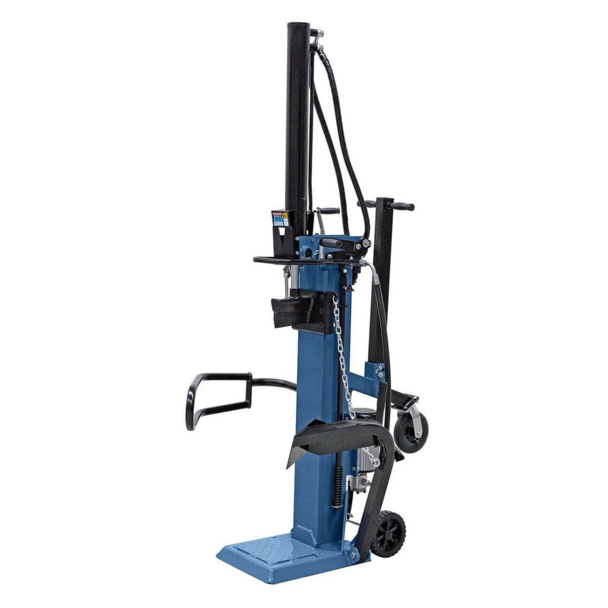 Spaccalegna Bernardo HS 14 E, verticale ed elettrico, con forza di spaccatura da 14 tonnellate, motore trifase 3,5 kW, corsa pistone 850 mm, sollevatore tronchi e carrello con ruote.