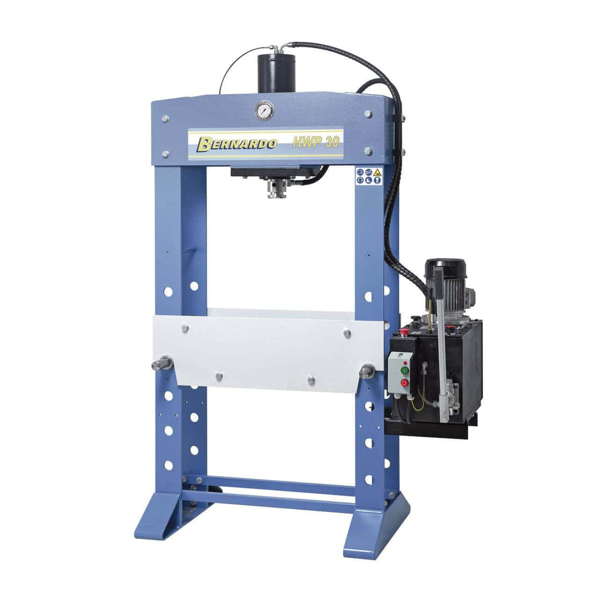 Pressa idraulica Bernardo HWP 30 da 30 ton con piano regolabile e manometro integrato, ideale per officine e reparti manutenzione.