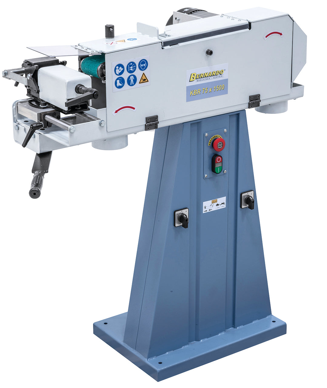 Levigatrice a nastro Bernardo KBR 75 x 1500 per lavorazione tubi e superfici con aspirazione integrata e regolazione angolare.