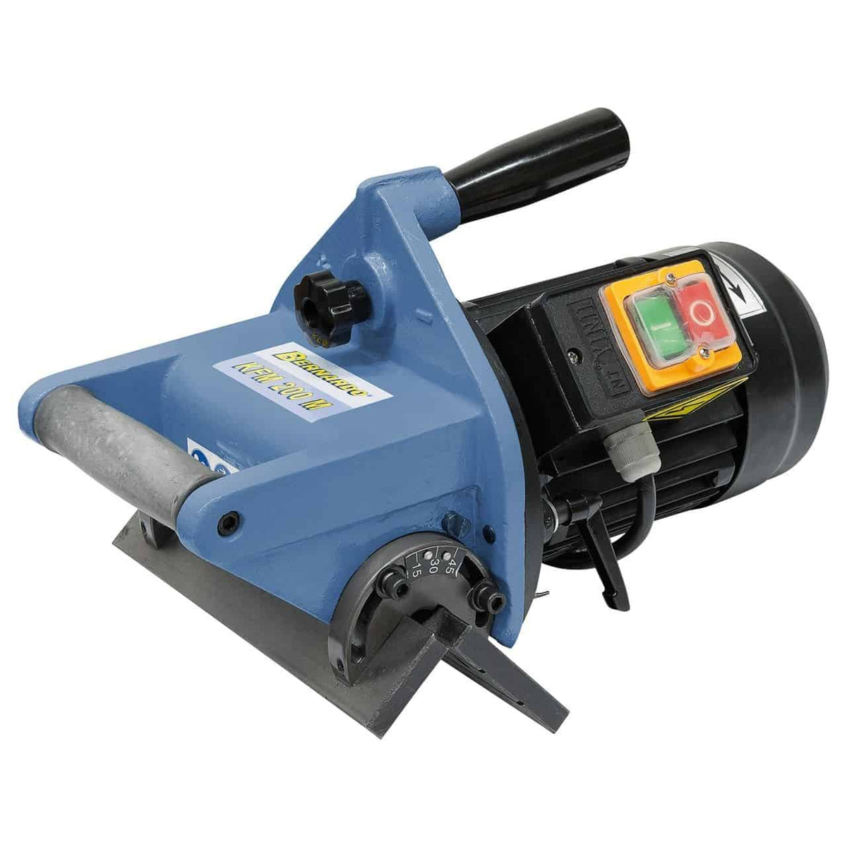 Smussatrice portatile Bernardo KFM 200 M con angolo regolabile 15°–45°, guida da 200 mm e motore da 0,55 kW, ideale per smussi fino a 10 mm.