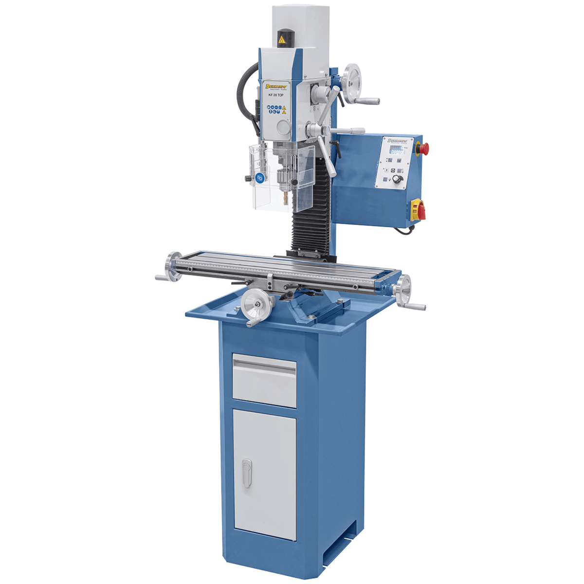 Trapano-fresatrice Bernardo KF 28 Top con tavola 700 x 180 mm, testa inclinabile ±90°, velocità variabile continua e indicatori digitali integrati.