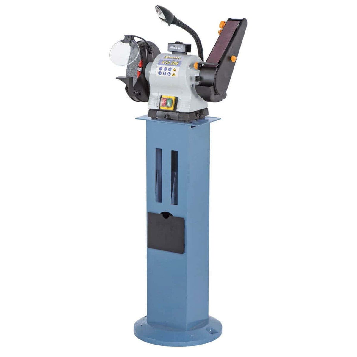 Smerigliatrice combinata Bernardo KSA 200 con mola abrasiva Ø200 mm, nastro abrasivo 685 × 50 mm, luce LED e serbatoio integrato.