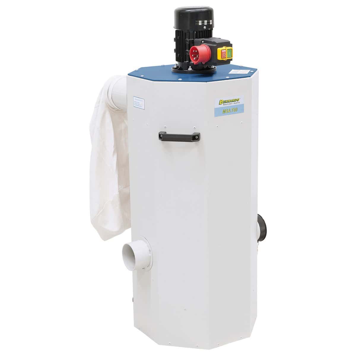 Aspiratore di polvere Bernardo MSA 750 con capacità 1100 m³/h, doppio attacco Ø 100 mm e cassetto frontale estraibile per trucioli.