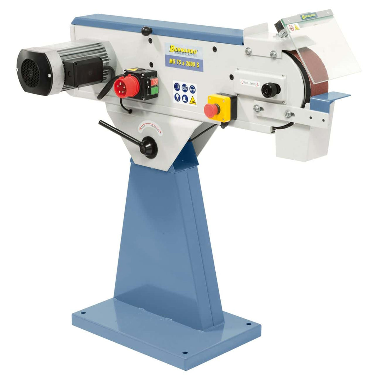 Levigatrice a nastro Bernardo MS 75 x 2000 S con nastro 75 x 2000 mm, motore da 3,0 kW e aspirazione integrata Ø 100 mm.