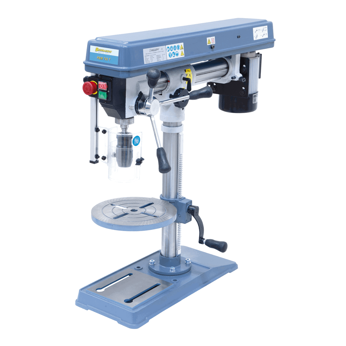 Trapano da banco Bernardo RBM 780 T / 230 V con capacità di foratura Ø 16 mm, 12 velocità, testa inclinabile e protezione regolabile conforme CE.