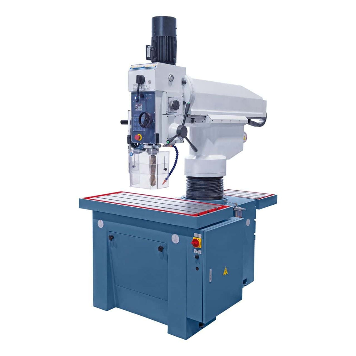 Trapano radiale Bernardo SRB 40 NC con tavola 1195 x 500 mm, controllo digitale touchscreen, avanzamenti automatici e dotazione completa di accessori professionali.