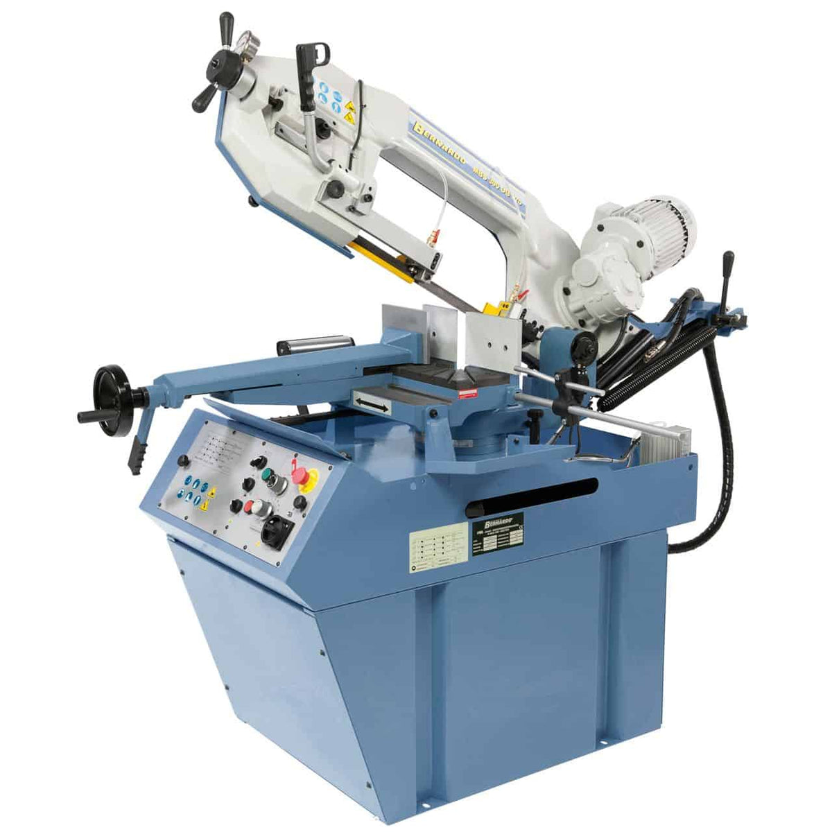 Segatrice a nastro Bernardo MBS 300 DG PRO 400 V con doppia angolazione, guida lama con inserti in metallo duro e morsa rapida in ghisa.
