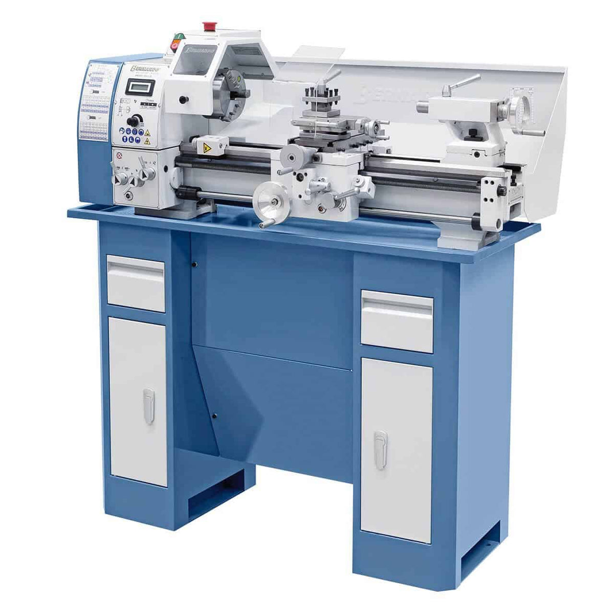 Vista del Bernardo Tornio per metallo Profi 550 LZ – 230V, con letto in ghisa a doppio prisma, mandrino autocentrante e display digitale per la regolazione dei giri.