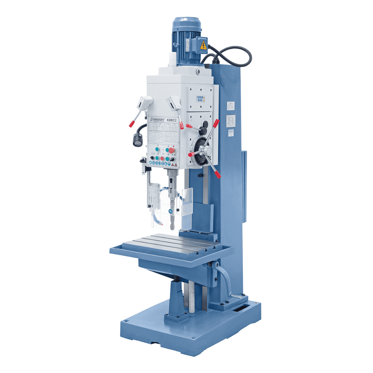 Trapano a colonna fissa Bernardo KBM 32 con motore da 2,2 kW, tavola in ghisa e capacità di foratura fino a 32 mm.