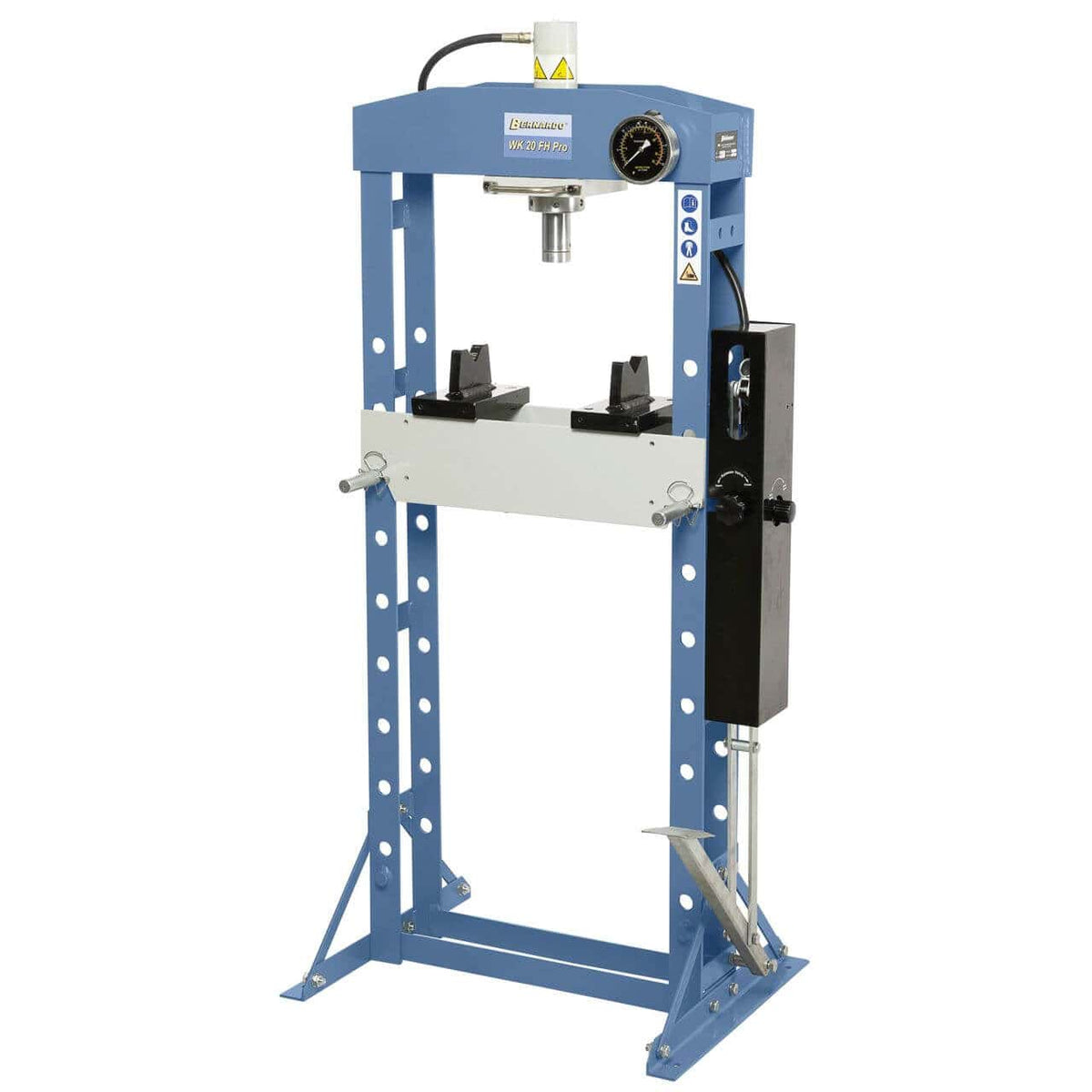 Pressa da officina Bernardo WK 20 FH Pro da 20 tonnellate con cilindro scorrevole, ritorno automatico del pistone e manometro di grandi dimensioni.