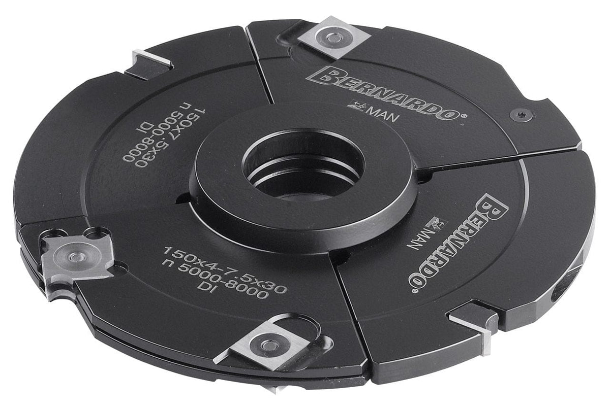 Testa regolabile Bernardo Ø160 mm con regolazione 4–7,5 mm, foro 30 mm e anello di battuta, ideale per creare scanalature e giunzioni precise su legno con toupie e fresatrici verticali.