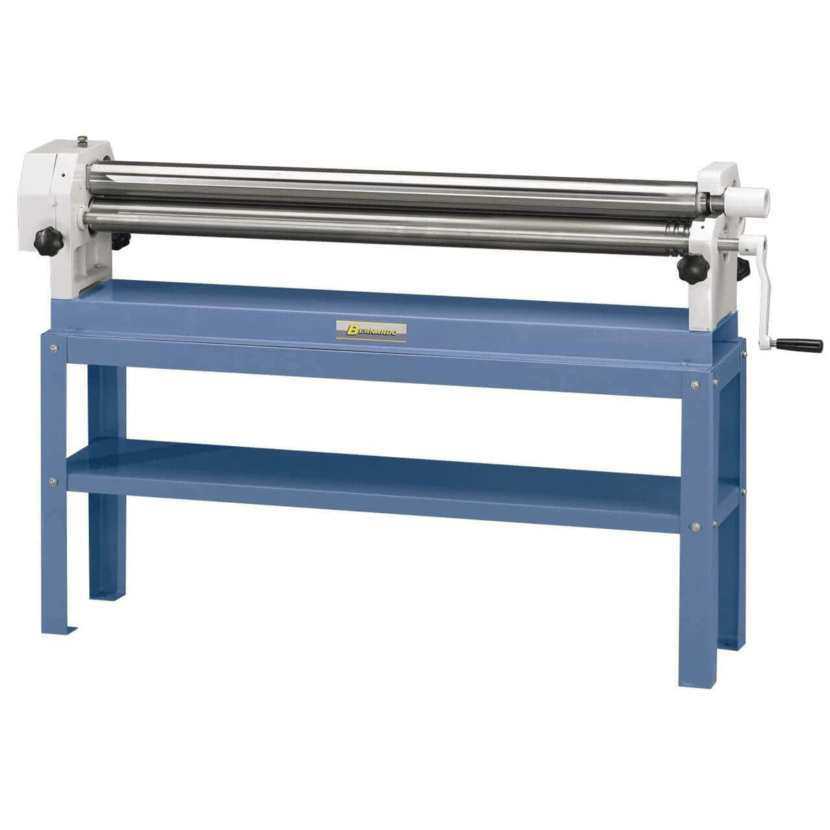 Calandra Bernardo RM 1300 con rulli in acciaio da 1300 mm, rullo posteriore inclinato e scanalature per la produzione di coni, cilindri e tubi.