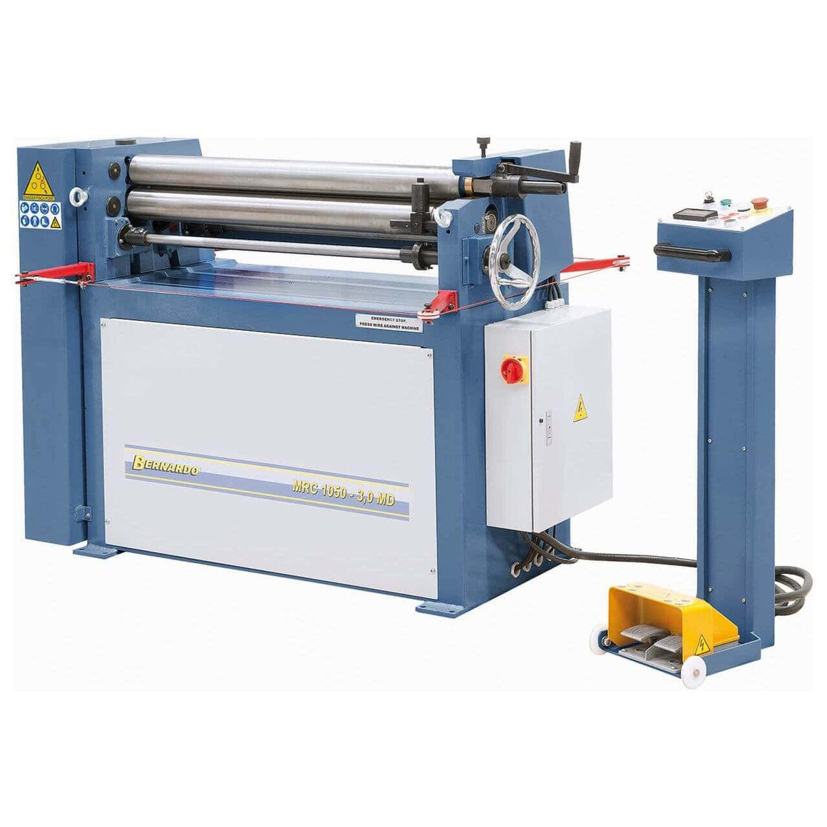 Calandra Bernardo MRC 1050 – 3,0 MD con struttura in acciaio, rulli Ø 90 mm, avvicinamento motorizzato e dispositivi di sicurezza integrati.