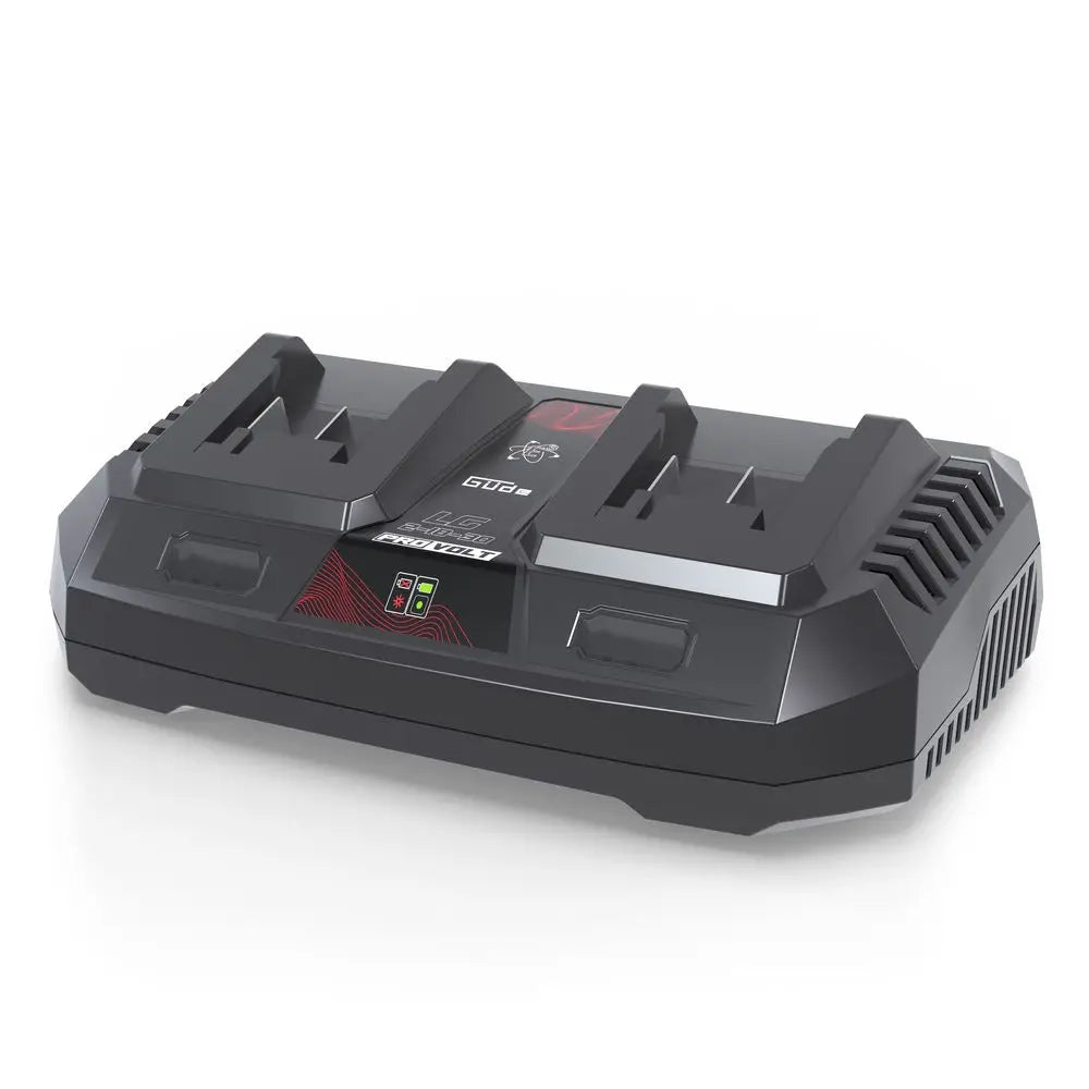 Caricabatterie rapido doppio Guede LG 2-18-30 da 2x3.0 A per batterie 18V E³ e ProVolt, con ricarica simultanea e protezione elettronica.