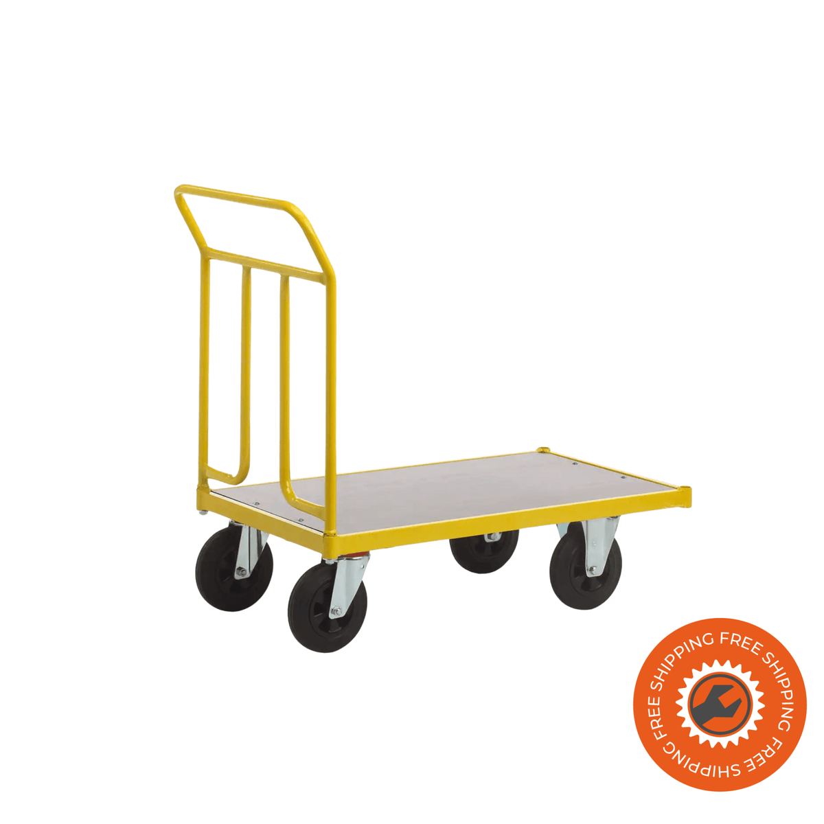 Carrello Ravendo TW 1000 M in acciaio giallo con piano di carico da 1000 mm e ruote solide, ideale per trasporti interni fino a 400 kg.