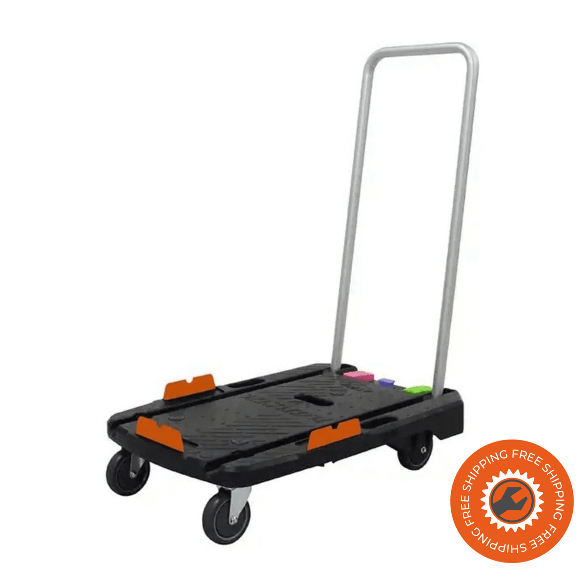 Carrello Ravendo Light WHTP 150 WB in plastica nera, con pianale antiscivolo, ruote solide Ø100 mm e freni integrati, ideale per trasporti leggeri fino a 150 kg.