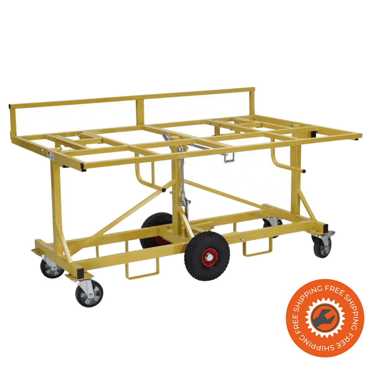 Carrello Ravendo PBT 500L in acciaio giallo con ruote pneumatiche e solide, piano regolabile da 1860 mm e portata fino a 500 kg, ideale per pannelli e vetri di grandi dimensioni.