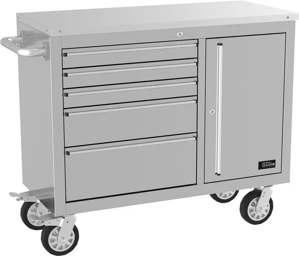 Carrello portautensili Guede GW 5/1 INOX con piano di lavoro in acciaio inox, cinque cassetti, anta chiudibile e ruote con freno, ideale per uso professionale.