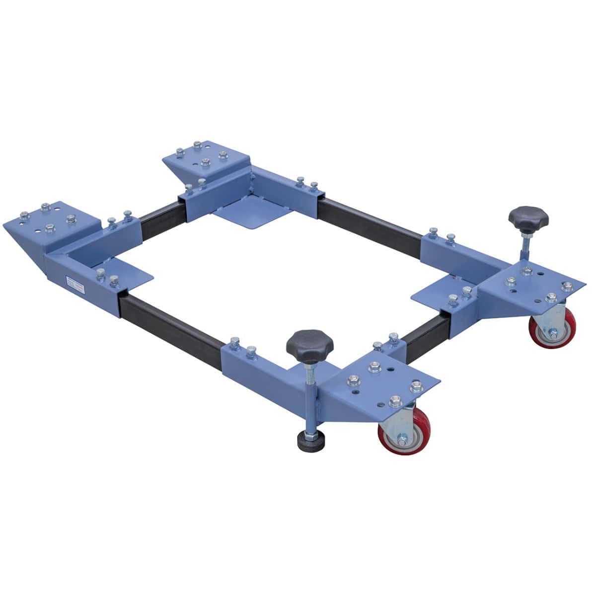 Struttura mobile in acciaio con ruote girevoli, portata 300 kg, regolabile da 490x450 mm a 1150x1150 mm con estensioni opzionali. Ideale per il trasporto di macchine utensili.