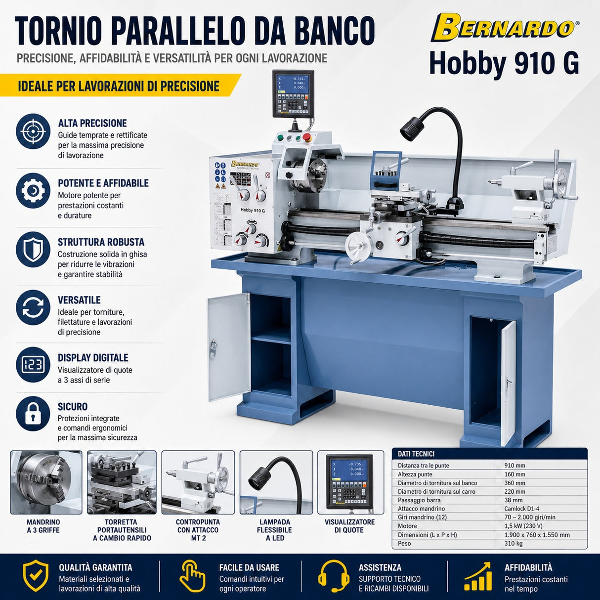 Metal Lathe Bernardo Hobby 910 G 230V / 400V with 3-Axis DRO ES-12 V