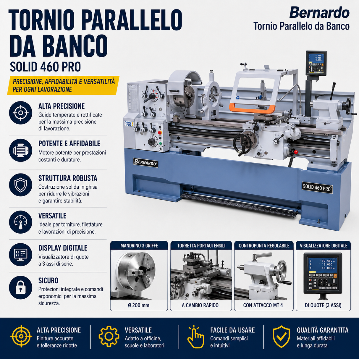 Bernardo Solid 460 x 2000 Pro Metal Lathe with 3-Axis Digital Readout