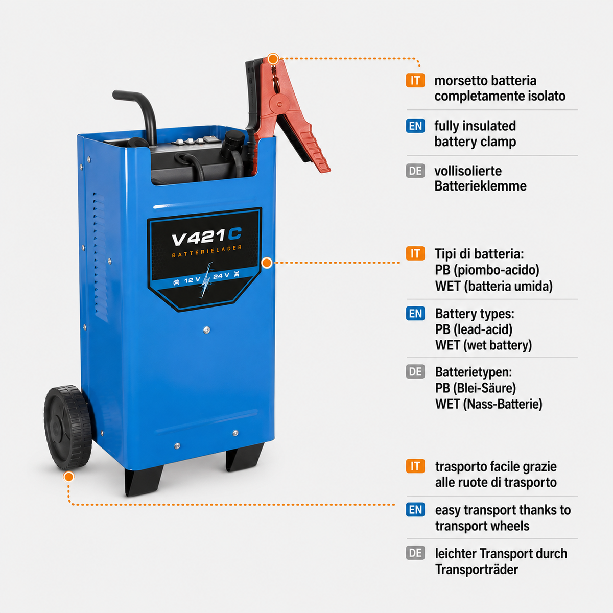 Güde V 621 C 12/24 V battery charger with jump-start function