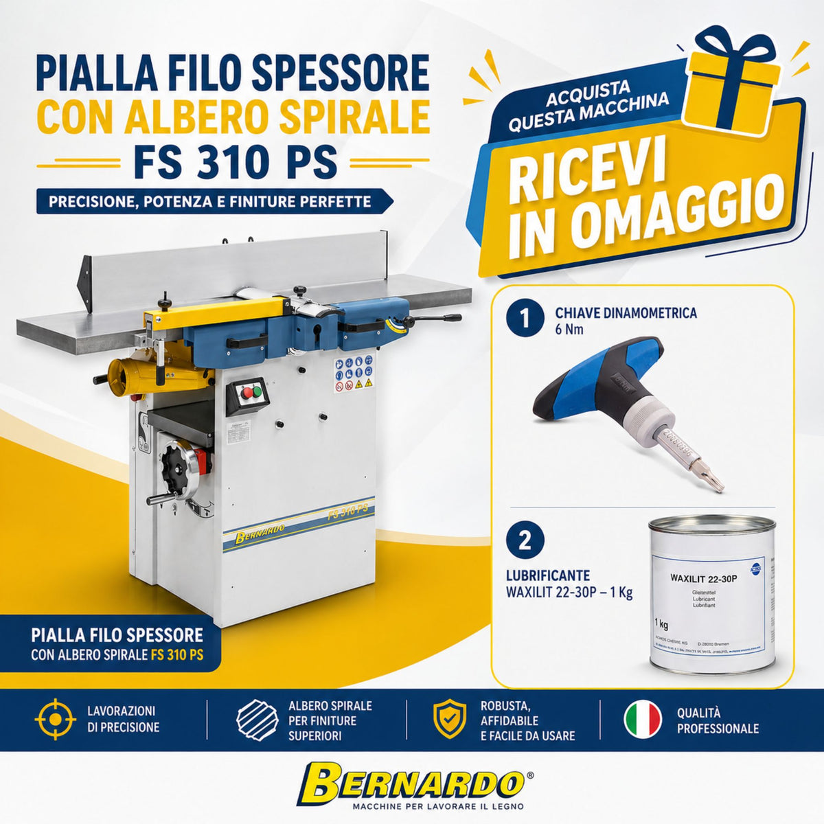 Bernardo FS 310 PS planer thicknesser, 230 V, with spiral cutterhead, free torque wrench and Waxilit lubricant.