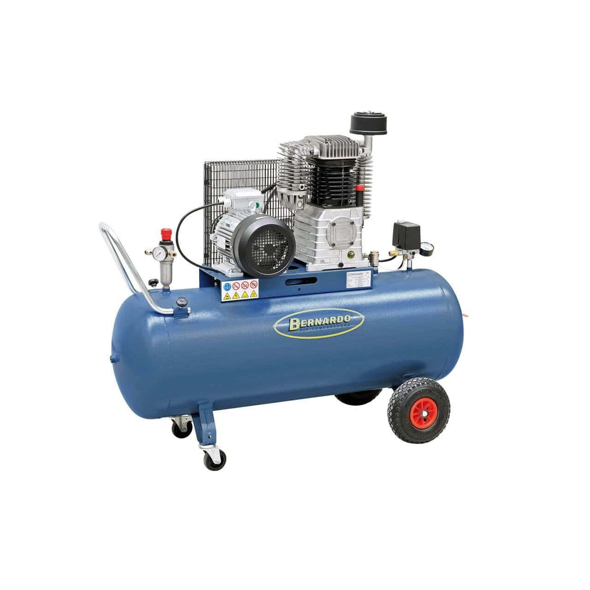 Compressore con carrello Bernardo AC35/200/600/F/D con serbatoio da 200 litri, motore trifase da 5,5 HP e gruppo pompante bicilindrico a due stadi, ideale per uso professionale.