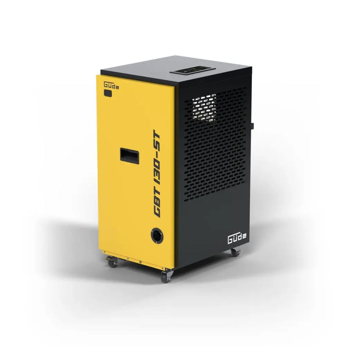 Deumidificatore Güde GBT 130-ST capacità 130 L/giorno, motore 1,5 kW, portata aria 950 m³/h, display digitale LCD controllo umidità, scarico continuo tubo drenaggio, area copertura 50-250 m². Protezione gelo automatica, modalità sonno, contatore ore integrato, blocco bambini. Ruote trasporto freno.