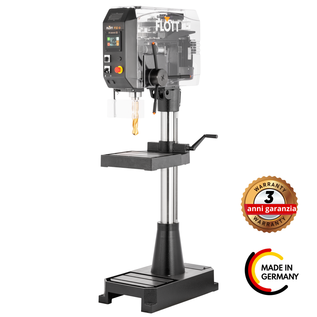 Trapano universale Flott SB P30 STG PV elettronico con touch display, avanzamento elettronico e piano di lavoro 420 x 340 mm.