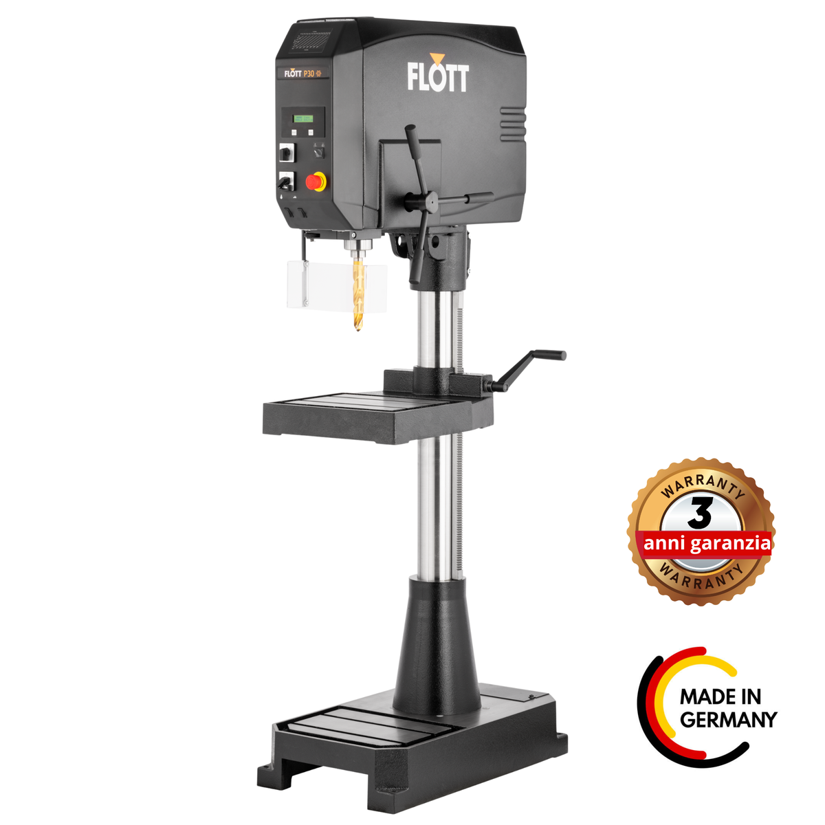 Trapano universale Flott SB P30 ST con velocità continua, doppio display digitale e piano di lavoro 420 x 340 mm.