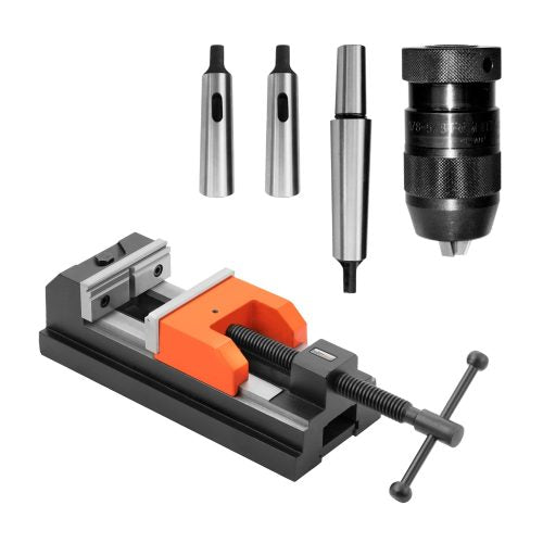 Set di foratura professionale Flott con morsa felix 2.0 120 mm, mandrino autoserrante 3–16 mm, codolo MK4/B18 e bussole di riduzione MK4/MK3 e MK4/MK2.