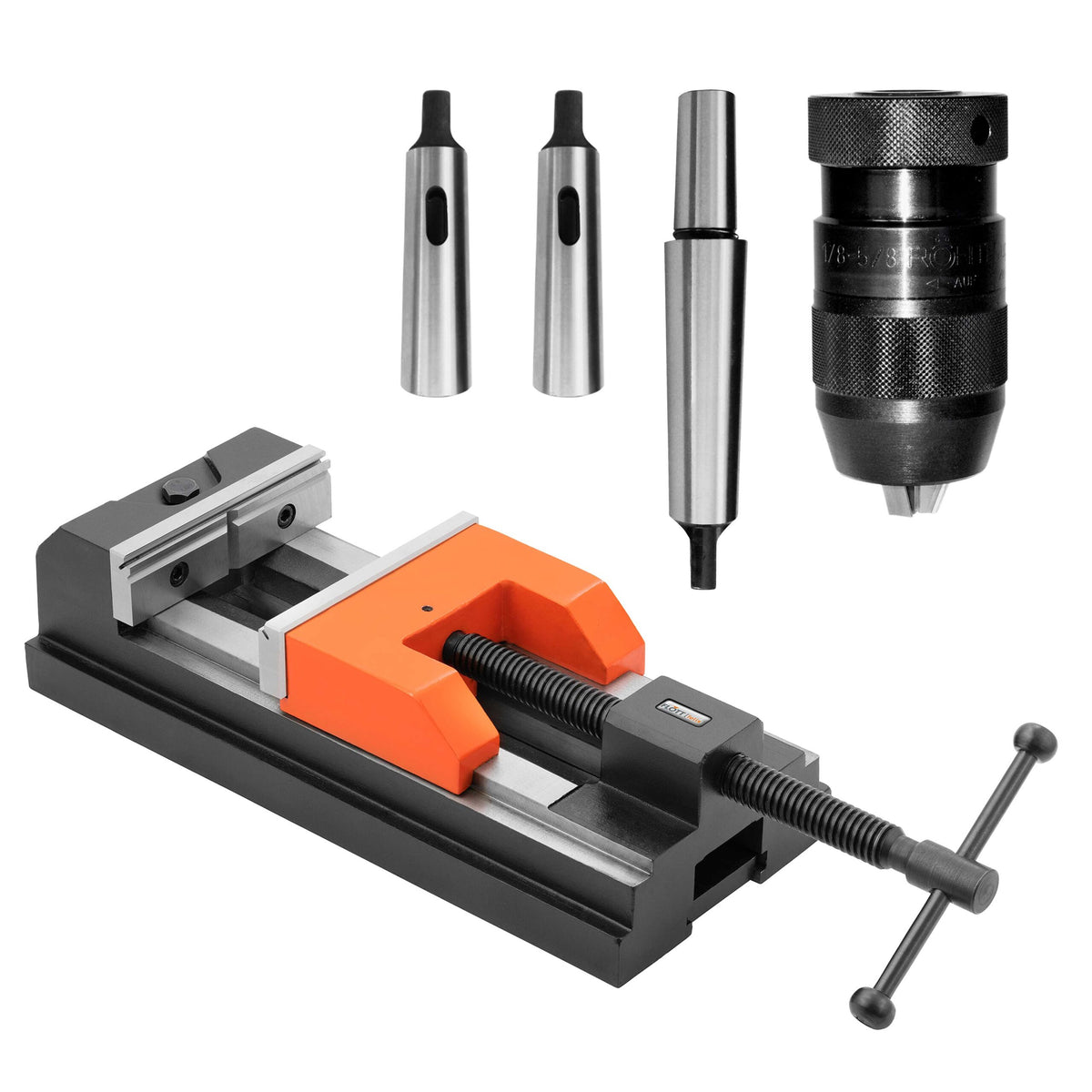 Set di foratura Flott con morsa felix 2.0 da 150 mm, mandrino auto-serrante 3–16 mm, codolo MK3/B18 e bussole di riduzione MK3/MK2/MK1.