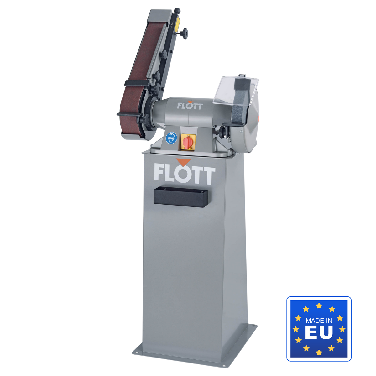 Smerigliatrice Flott TSB 250 P con mola da 250 mm e nastro da 1300 x 75 mm, ideale per sbavatura, affilatura e levigatura professionale.