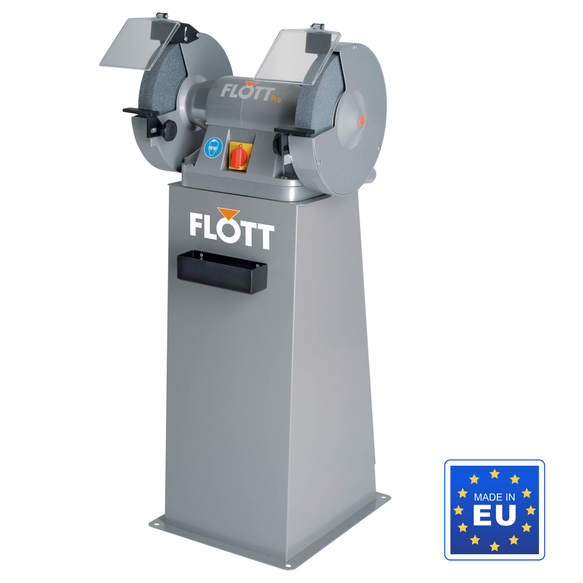 Mola da banco doppia Flott TS 300 SD P con dischi da 300 mm, protezioni laterali chiuse, motore trifase 2,2 kW e attacco aspirazione Ø 42 mm.