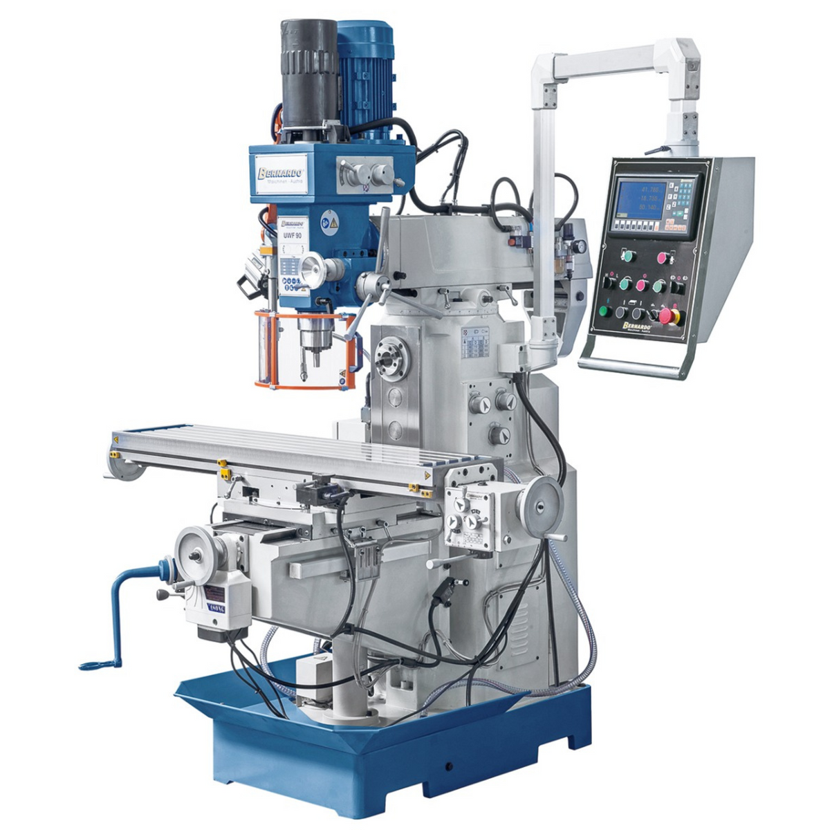 Fresatrice universale Bernardo UWF 90 con tavola 1270 x 280 mm, mandrino ISO 40 verticale/orizzontale, DRO digitale e serraggio pneumatico utensile.