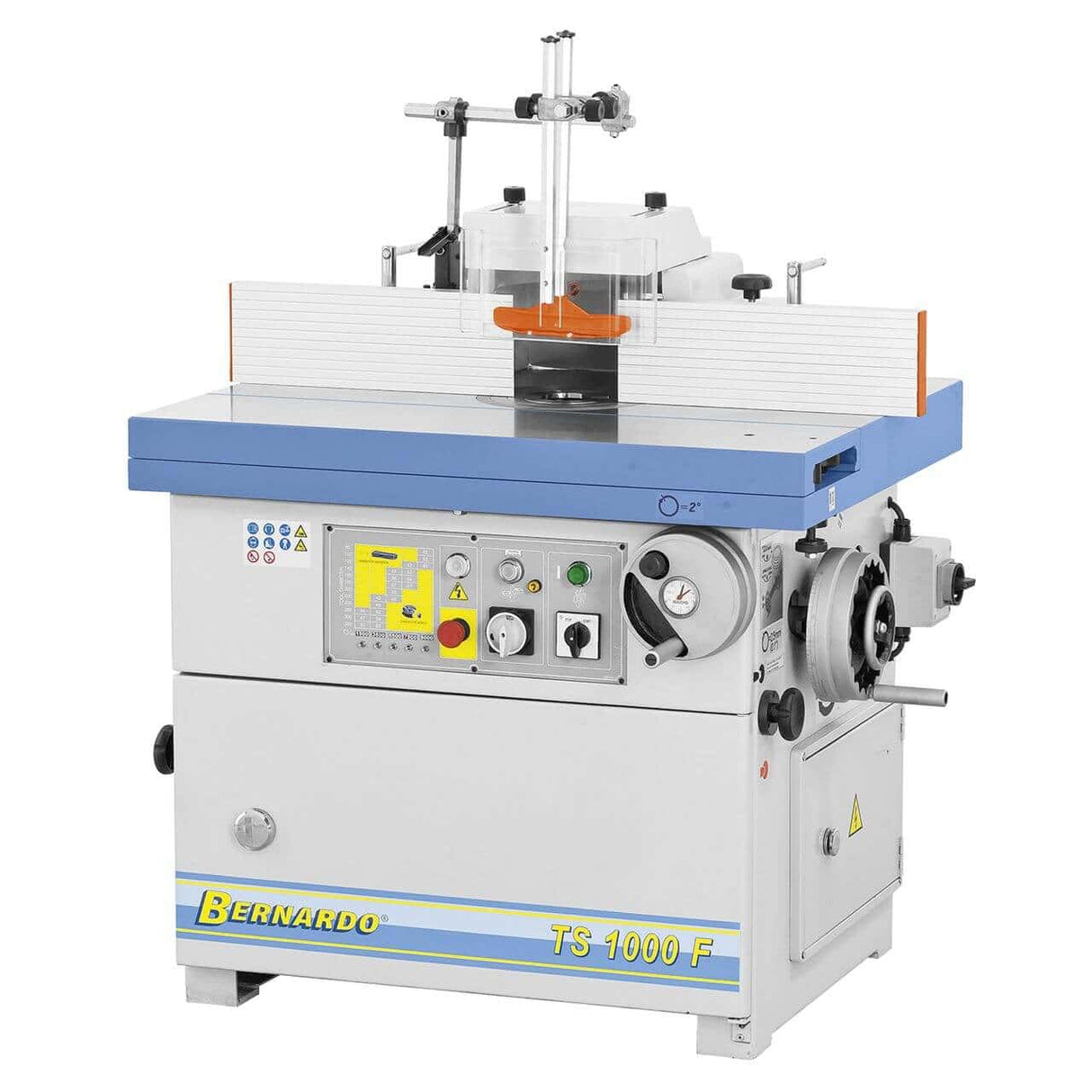 Vista della fresatrice verticale TS 1000 F con tavolo in ghisa da 1000 x 800 mm, carro integrato da 1000 mm, albero inclinabile e accessori professionali per lavorazioni complesse