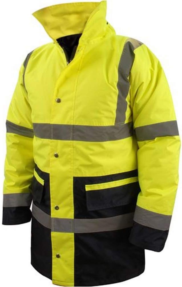 Giacca da lavoro Silverline alta visibilità Classe 3, impermeabile con cappuccio richiudibile, fodera trapuntata e cerniera doppio cursore.
