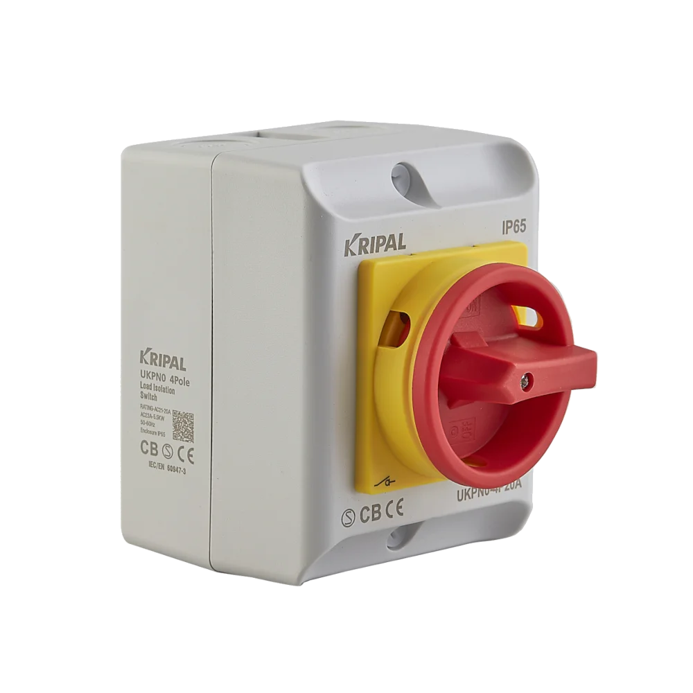 Vista dell’interruttore rotativo MS 230V da esterno con involucro plastico IP65, ideale per isolamento elettrico in ambienti industriali